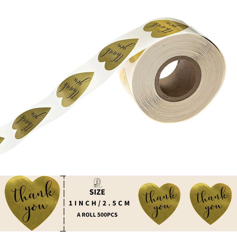 500Pcs/Roll Thank You Stickers 1 inch Gold Heart Shape For Wedding Pretty Gift Cards Envelope Stationery Sealing Label Stickers