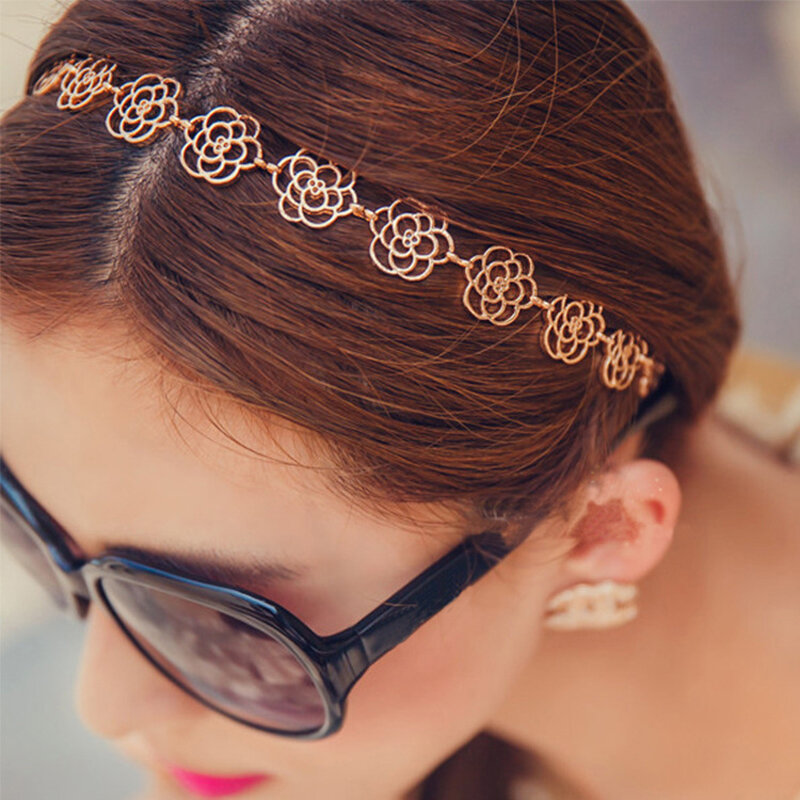 Ouro rosa flor elástica feminino meninas faixa de cabelo oco charming bandana acessórios
