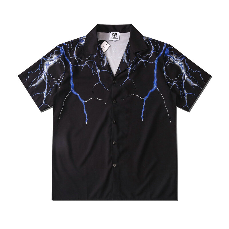 2021 여름 새 남성 캐주얼 번개 인쇄 셔츠 패션 반팔 쿨 얇은 느슨한 하와이 옷깃 셔츠 남성 여름 셔츠
