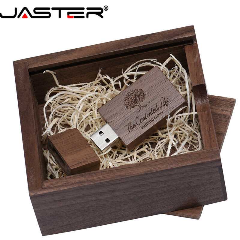 Jaster usb 2.0 de madeira, usb + caixa, memória flash, 4gb 8gb 16gb 32gb 64gb, presentes de casamento, 10.5*10.5