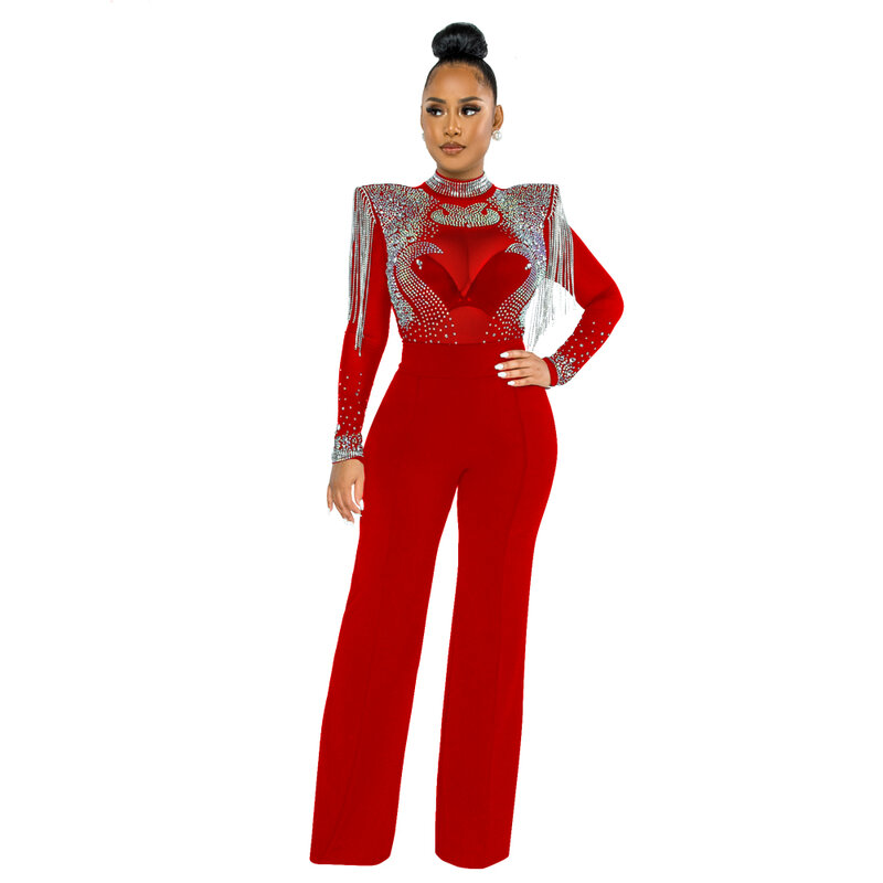 2022 Women Solid High Collar Hot Drill Mesh Shoulder Cotton Long Sleeves Straight Jumpsuit Sexy Midnight Party Club