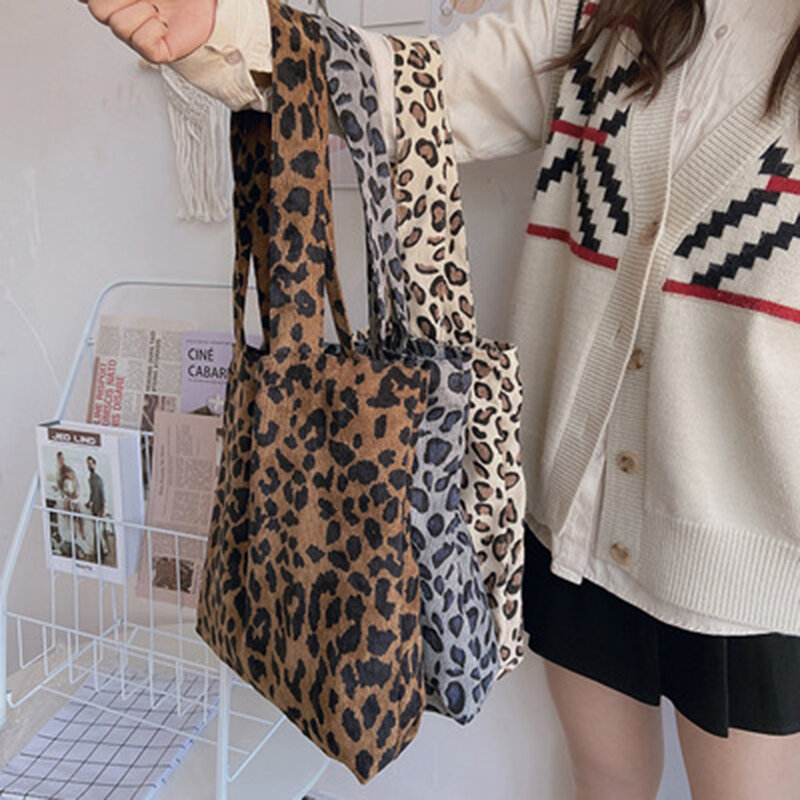 2021 New Corduroy Leopard Print Bag Ladies Shoulder Bag Women Casual Tote Shopping Bag Large Capacity Handbags Zipper Bag