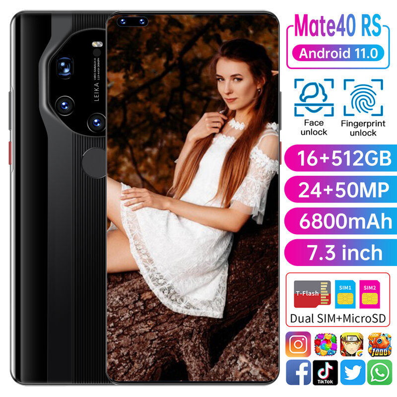 2021 New Huawe Mate40 RS 7.3 Inch Global Version Smartphone 16GB 512GB Android10 6800mAh Snapdragon 888 Face ID Mobile Phone