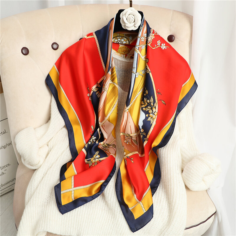 Pañuelo de seda satinada para mujer, Bandana de marca de lujo con estampado de Suqare, 90x90cm, Foulard