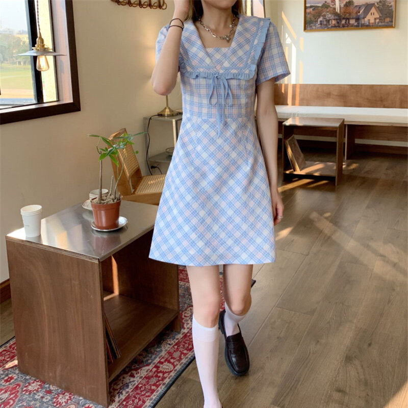 Japanische Süße Weiche Girly Adrette Kleid Kawaii Sailor Kragen Bogen Kurzarm Vintage Einteiliges Niedlichen Karierten Kleid sommer Neue