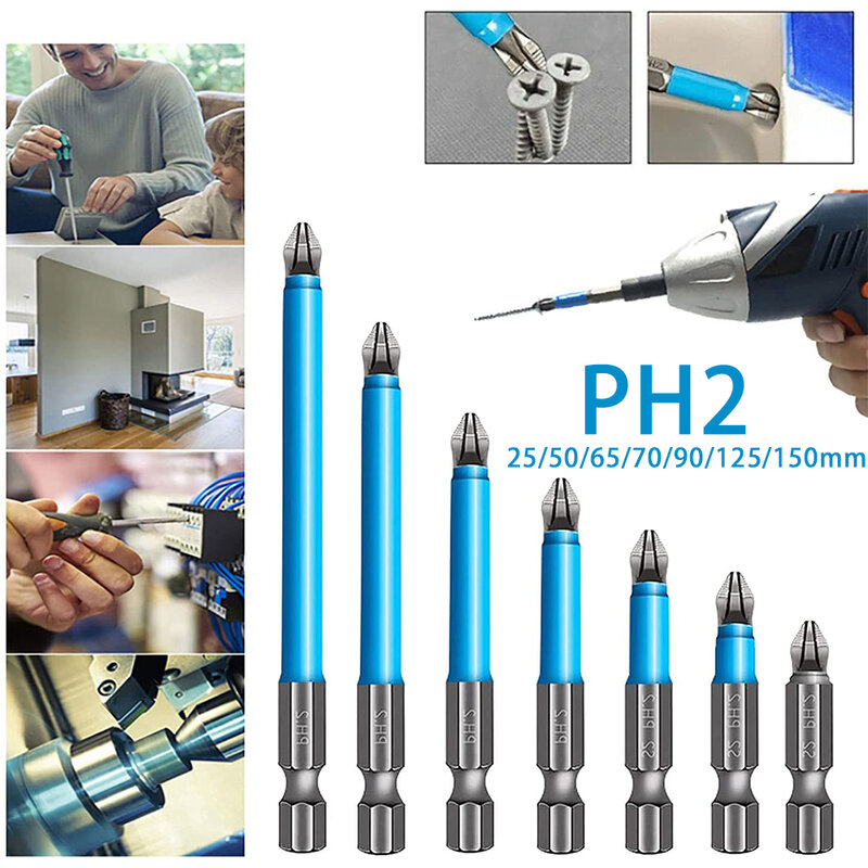 7Pcs Magnetische Anti-Slip Bohrer PH2 Phillips Bits Set Werkzeuge Elektrische Hex Schaft Schraubendreher Bohrer (25mm-150mm)