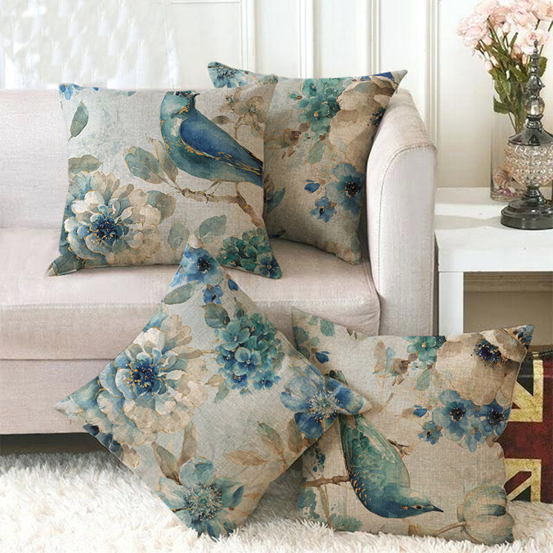 غطاء وسادة من القطن والكتان ، غطاء وسادة مزخرف على شكل طائر وزهور ، غطاء وسادة مزخرف للمنزل ، 45 × 45 سنتيمتر