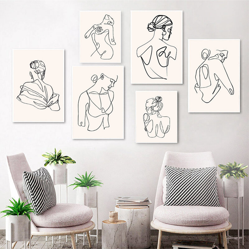 Líneas abstractas de mujer, cuerpo, mano, minimalista, arte de pared, pintura en lienzo, carteles nórdicos e impresiones, imágenes de pared para decoración de sala de estar