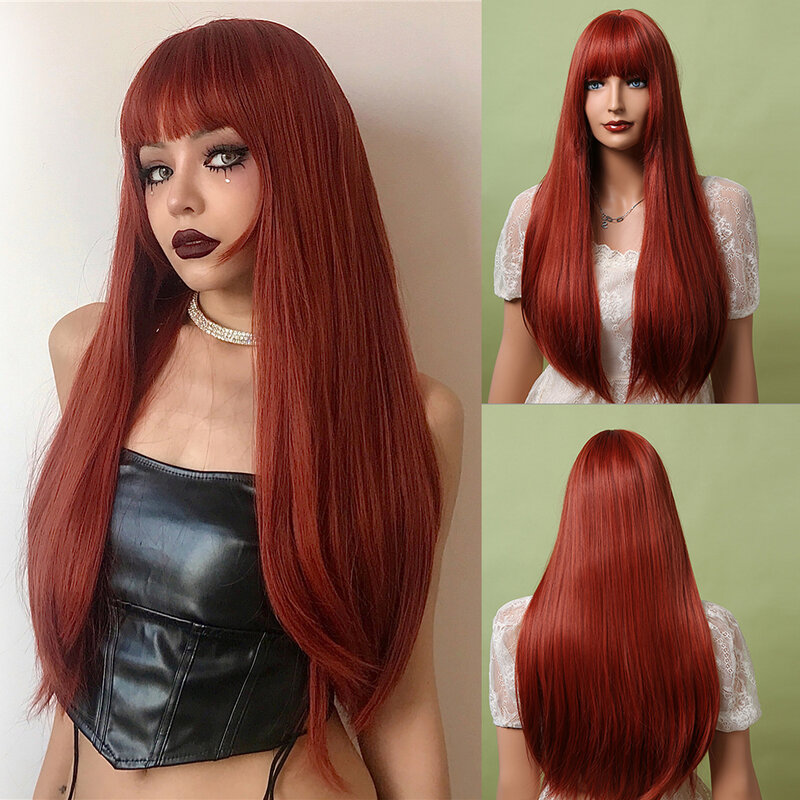 Long Straight Synthetic White Blonde Brown Hair Wig with Bangs For Black Women Cosplay Party Daily Ombre Highlight Natural Hair