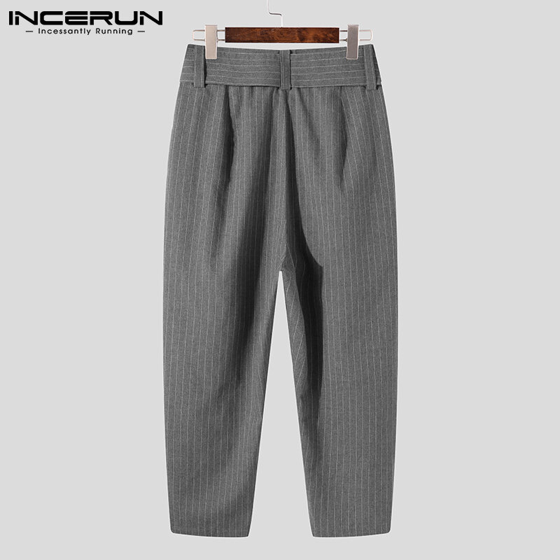 Nowe męskie modne spodnie z wysokim stanem w paski Pantalons odzież na zewnątrz casualowe w stylu Streetwear luźne sznurowanie spodnie S-5XL INCERUN 2021