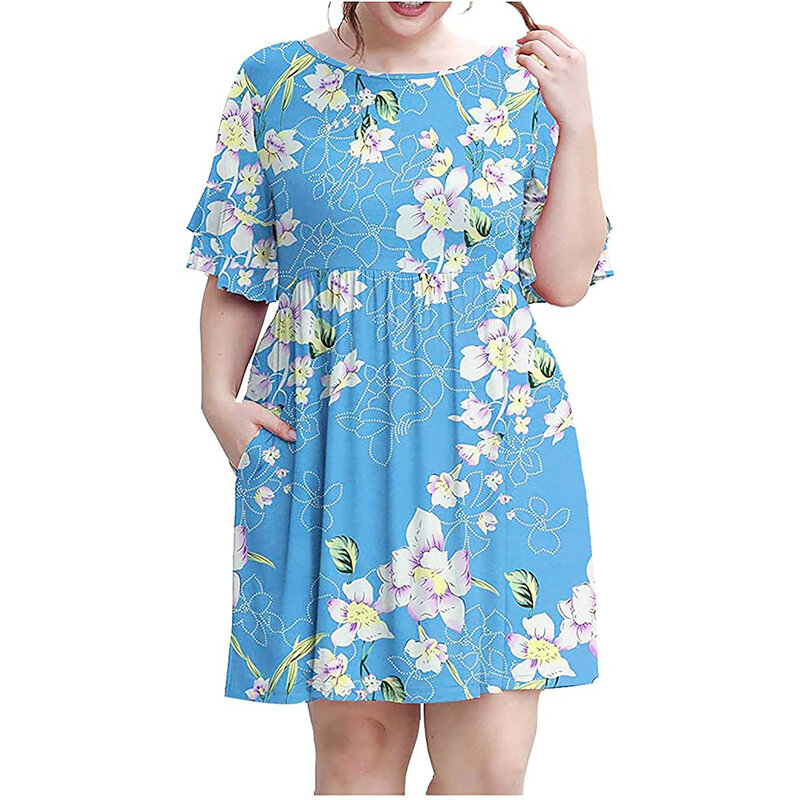 Vestido de verão feminino solto plissado manga impressão plus size casual swing vestido com bolsos novo tamanho grande casual vestido de verão