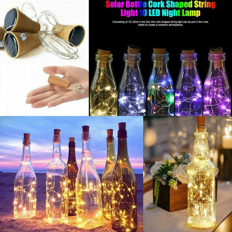 Lampes LED à énergie solaire en fil de cuivre, bouchon de bouteille de vin en liège, guirlande lumineuse féerique, décoration de noël, mariage, fête