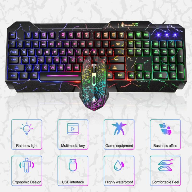 Kit de teclado e mouse para jogos com luz de led, luminoso, usb, com fio, à prova d'água, conjunto com teclado e mouse para pc