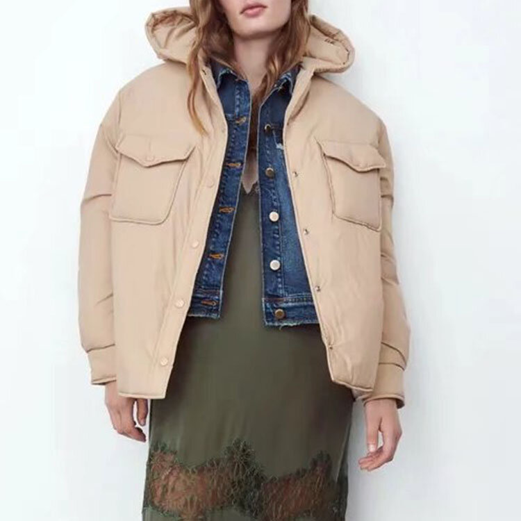 2021 outono e inverno nova feminina de manga comprida único breasted bolso decorativo com capuz senhoras jaqueta de algodão