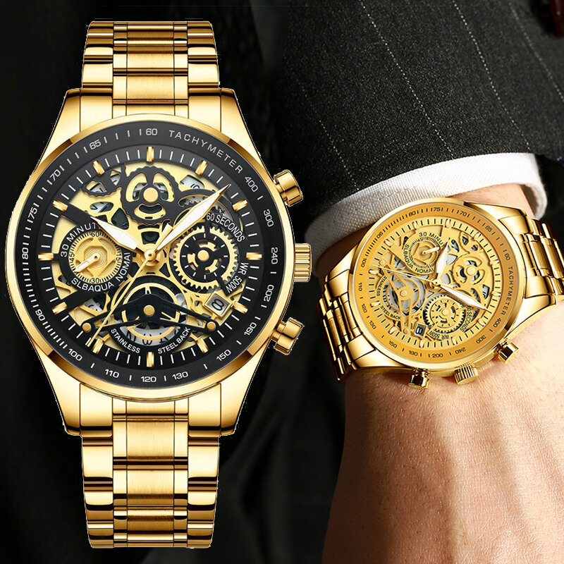 Часы наручные NIBOSI Мужские кварцевые, люксовые брендовые золотистые спортивные водонепроницаемые с хронографом и датой