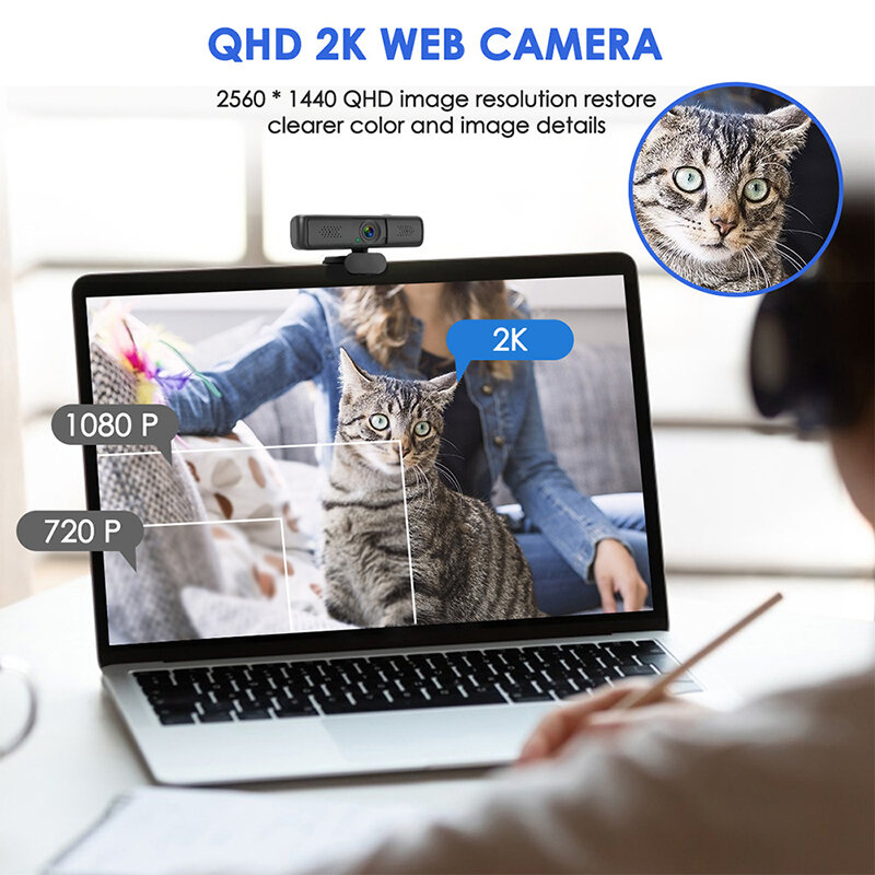 Webcam QHD PC 2K 1080P, 4 millions de pixels, caméra USB Autofocus, ordinateur de bureau pour réunion à domicile avec microphone