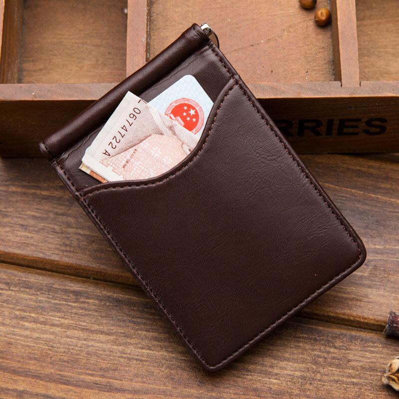 男性用の薄い革の財布,カードスロット付きの新しい薄いウォレット,メタルクランプ,写真ホルダー,小銭入れ