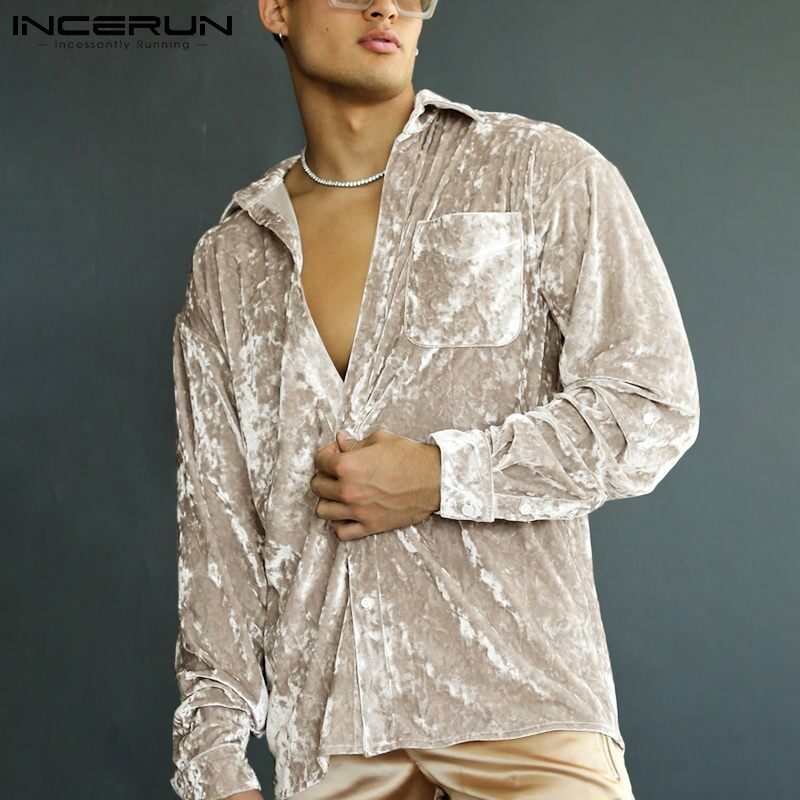 Топы INCERUN, новинка 2021, Мужская блузка, стильная рубашка для отдыха в уличном стиле с длинным рукавом, топы 2021, модная уличная одежда