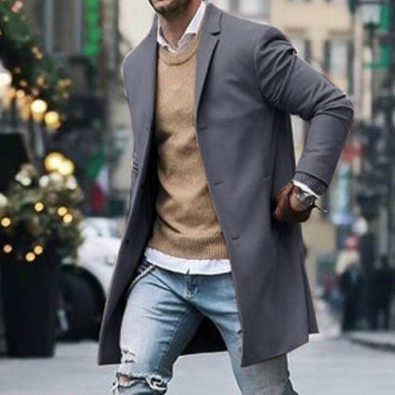 Model Musim Dingin Terbaru Pria Slim Fit Cardigan Lengan Panjang Memadukan Mantel Jaket Setelan Mantel Wol Panjang Pria Solid