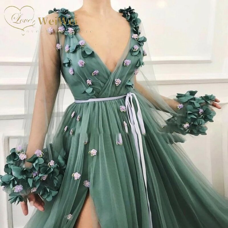 Side Split Grass Green Prom Dresses V-Neck Long Lantern Sleeve Floor Length Flower Applique Sash Evening Gowns Robes De Soirée