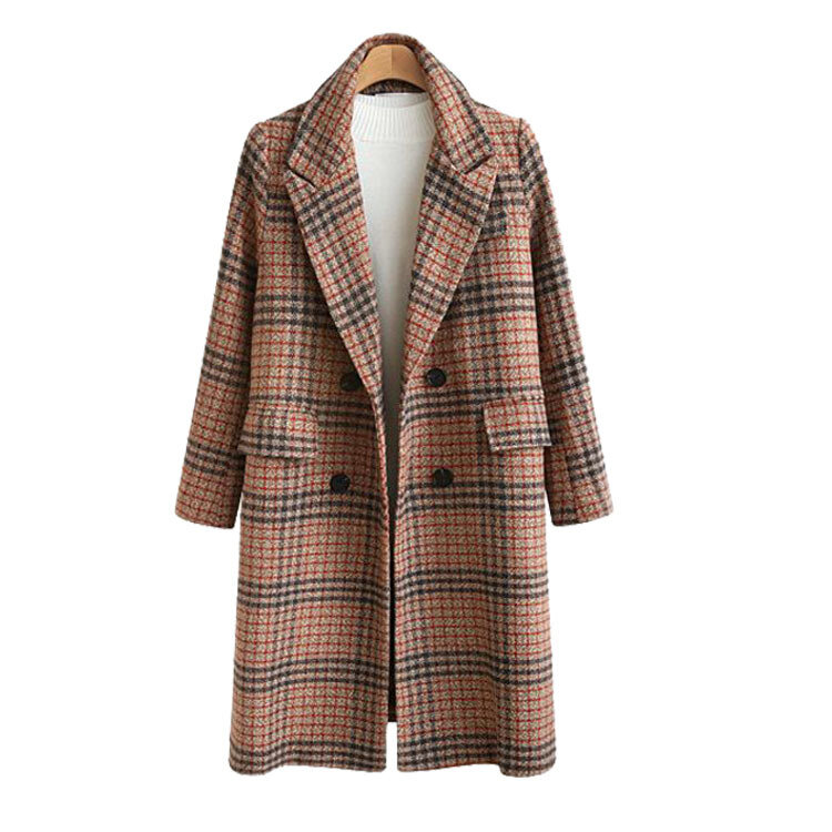 Manteau en laine long et ample pour femme, vêtement de style britannique, à carreaux, de longueur moyenne, nouvelle collection automne et hiver 2020