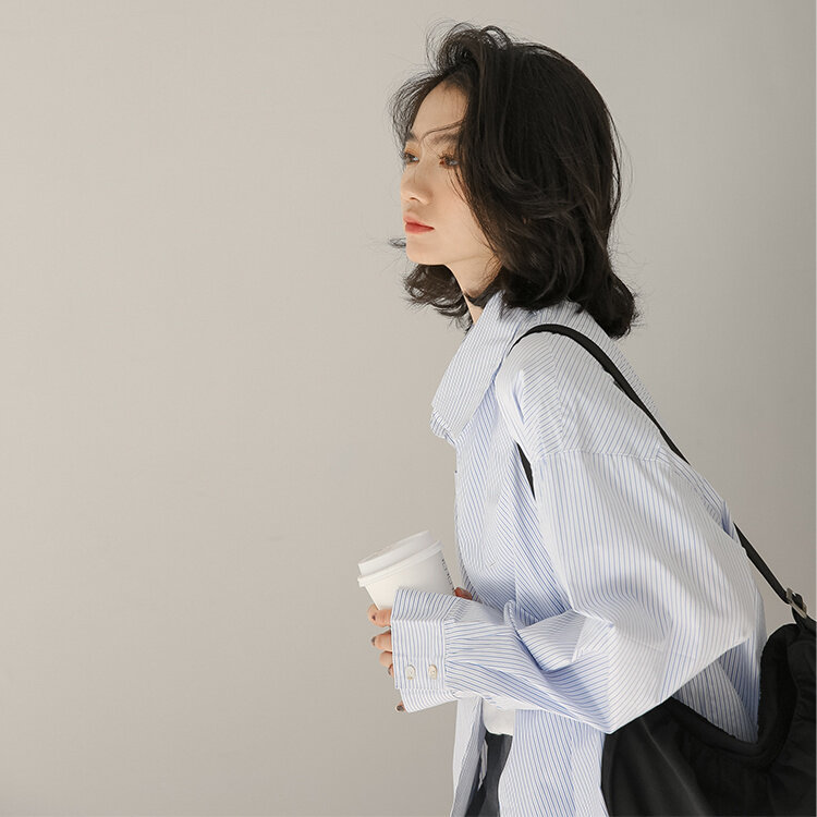 Полосатая рубашка с настоящими снимками, дизайнерская нишевая рубашка в Корейском стиле для осени
