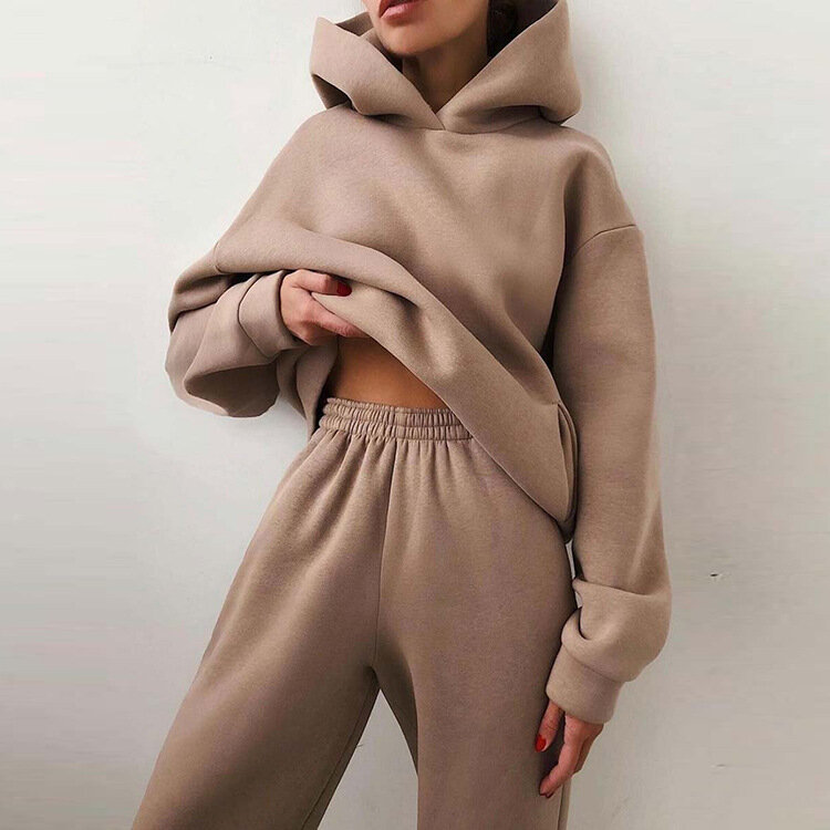 Setelan Solid Elegan Wanita untuk Wanita Sweter Hoodie Hangat dan Celana Panjang Mode Dua Potong Setelan Pakaian Wanita S-3XL