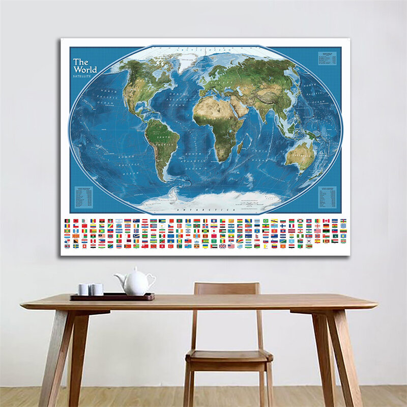 The World Satellite Map with The Largest Water Bodies and Landmasses Rank Posters and Prints World Map with National Flags