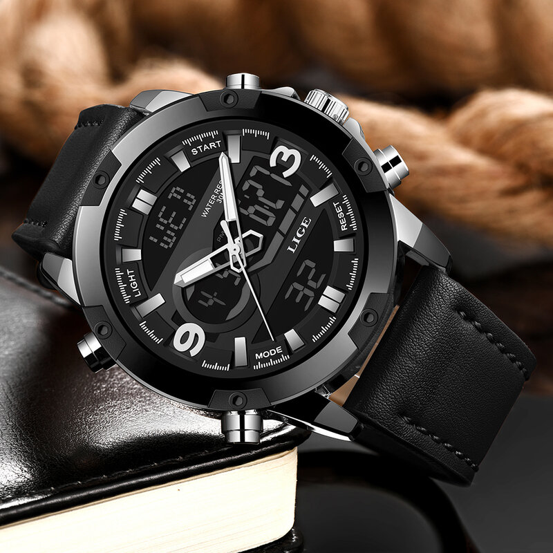 LIGE męskie zegarki Top luksusowa marka męskie sportowe zegarki wojskowe skórzane wodoodporne kwarcowy zegar cyfrowy Relogio Masculino