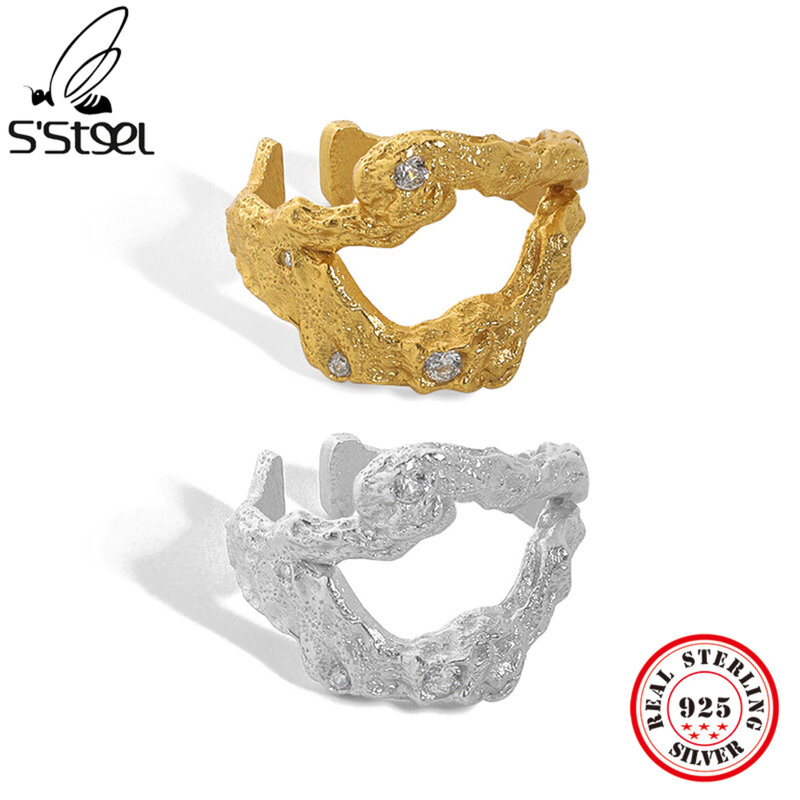 S'STEEL 925เงินสเตอร์ลิงเกาหลีไม่สม่ำเสมอ Zircon แหวน Texture สำหรับผู้หญิง Gold Plate เปิดแหวนความงาม2021เครื่องปร...