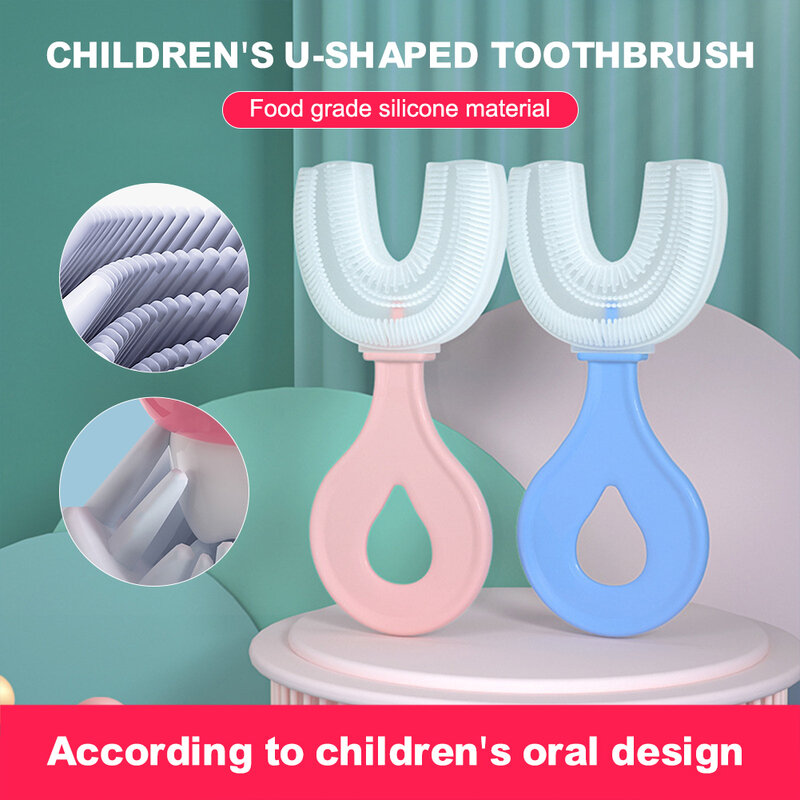 Vendita calda spazzolino da denti per bambini spazzolino da denti a forma di U con manico spazzola per pulizia orale in Silicone per bambini dai 2 ai 12 anni