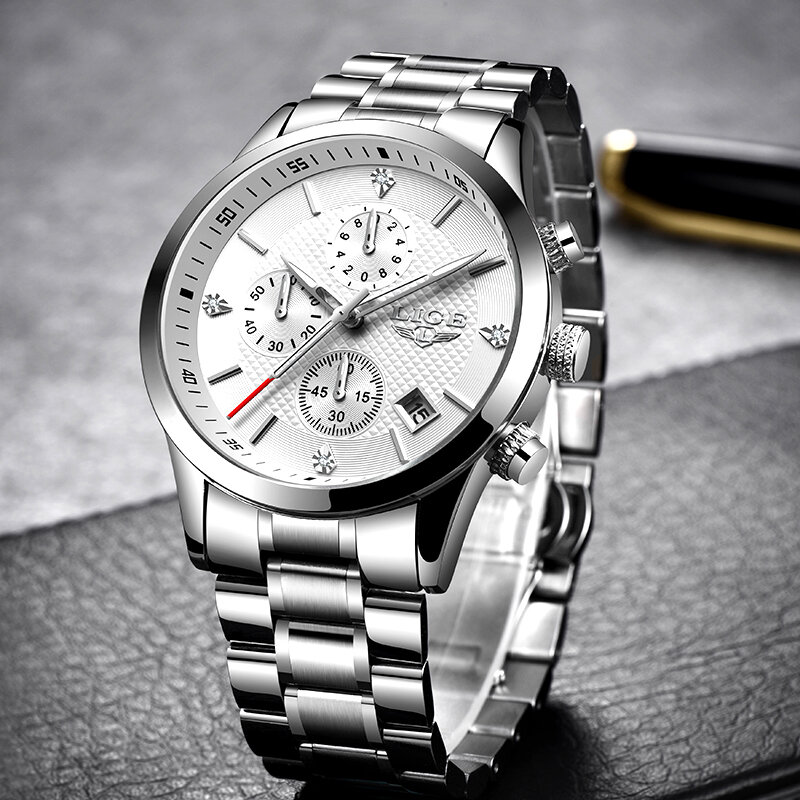 Lige novos relógios masculinos topo de luxo marca completa aço à prova dwaterproof água esporte relógio de quartzo moda data relógio de prata reloj hombre