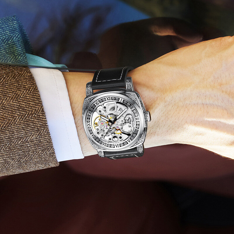 Kimsdun Automatische Mechanische Hardlex Spiegel Man 'S Horloges Fashion Vintage Gesneden Waterdichte Horloges Mannen Lichtgevende