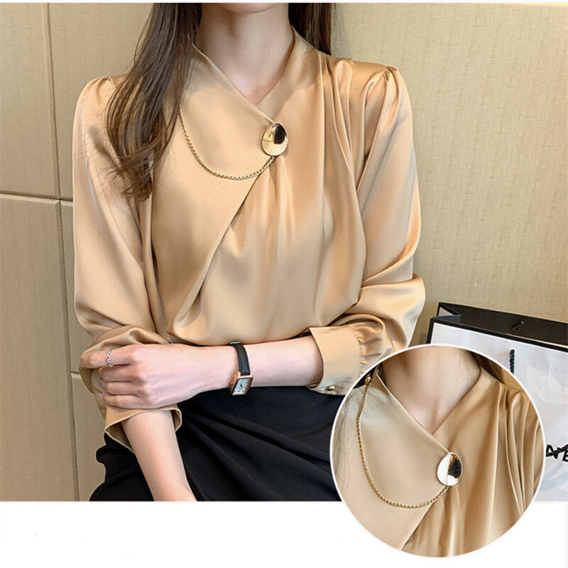 Satin Frauen Tops Asymmetrie Vintage Blusen Frauen Kette Falten Hemd Langarm Bluse V-ausschnitt Patchwork Elegante Weibliche Kleidung