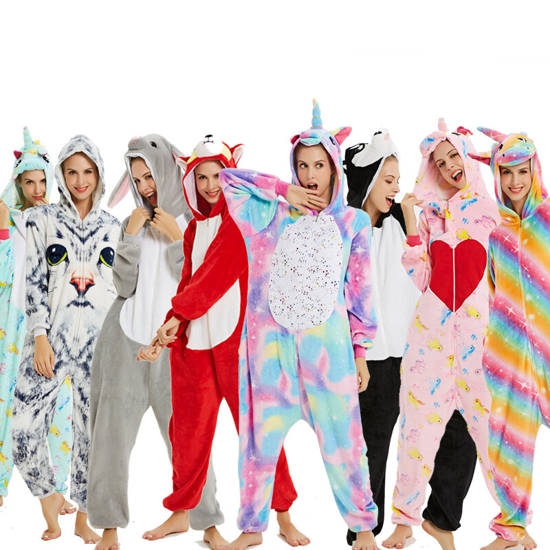 Women Child Adults Animal kigurumi Pajamas Sets Cartoon Sleepwear Unicorn Onesies Stitch Unicornio Men Warm Flannel Hooded
