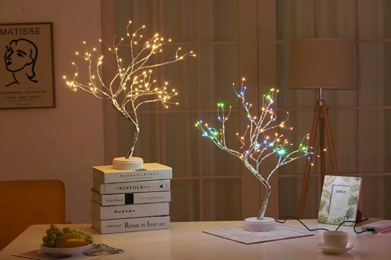 Luz de hadas con árboles brillantes, Mini árbol de Navidad, guirnalda de alambre de cobre, lámpara de hadas para vacaciones