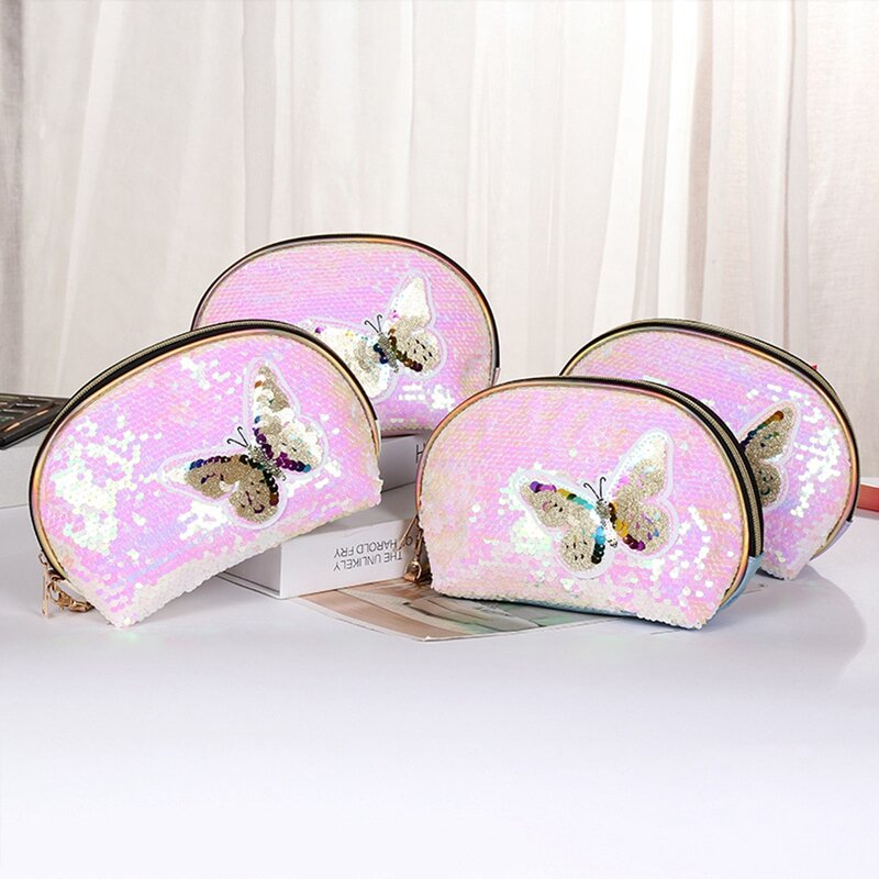 New fashion bow sequined PU cosmetic cases, women casual travel storage toilet makeup bag