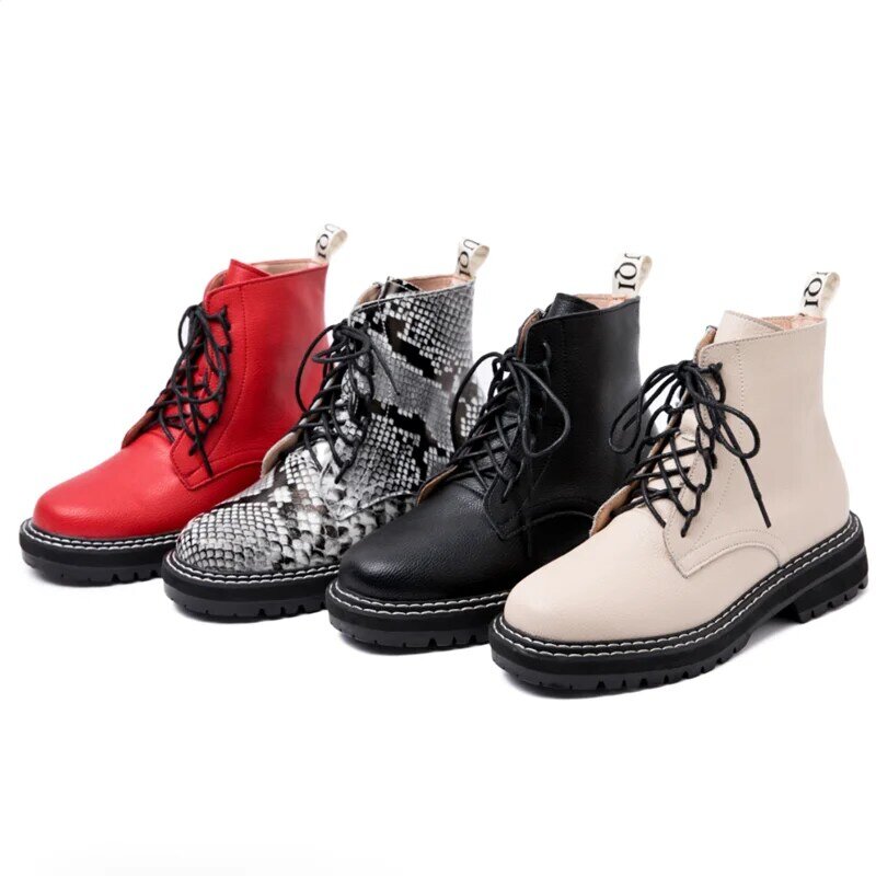 AIYUQI Women shoes  2021 Women Martin Boots Spring Genuine Leather Ladies Snake Mosquito Fashion Lace  Ankle Boots