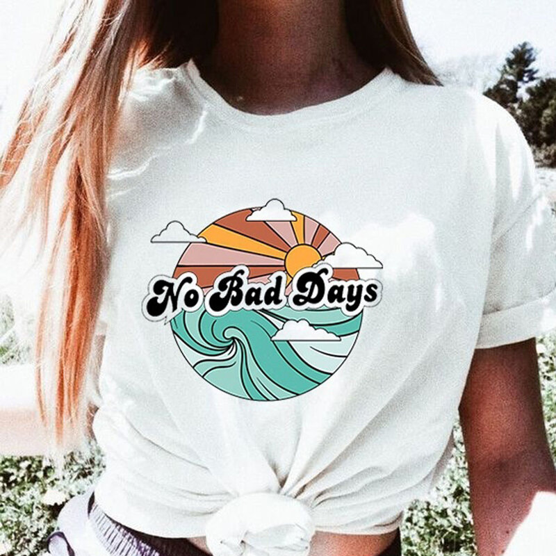 Camiseta feminina casual branca, camiseta de tamanho grande para férias e praia, para o melhor surf, estilo retrô e casual