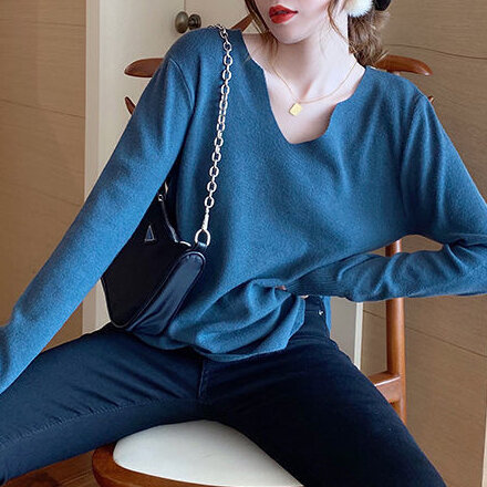 V-neck sweater autumn new 2021 long-sleeved thin blouse early autumn sweater Korean shirt women  striped sweater