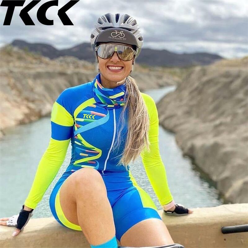 TKCK Đội Ba Môn Phối Hợp Bộ Quần Áo Đạp Xe Jersey Một Bộ Jumpsuit Dài Tay Macaquinho Ciclismo Feminino Bộ Miếng Gel Nữ Áo Liền Quần