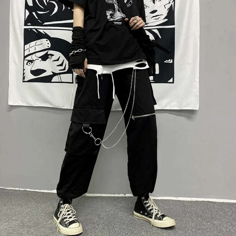 Calça feminina gótica de perna larga cargo, calça preta oversize, moda  punk, moda coreana, streetwear - AliExpress