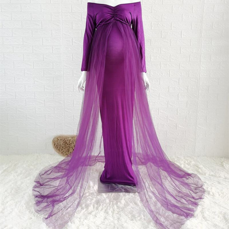 Maternity Tulle Long Dresses Baby Shower Cotton Maxi Gown Dress Stretchy Pregnancy Photography Dress with Cape Long Train
