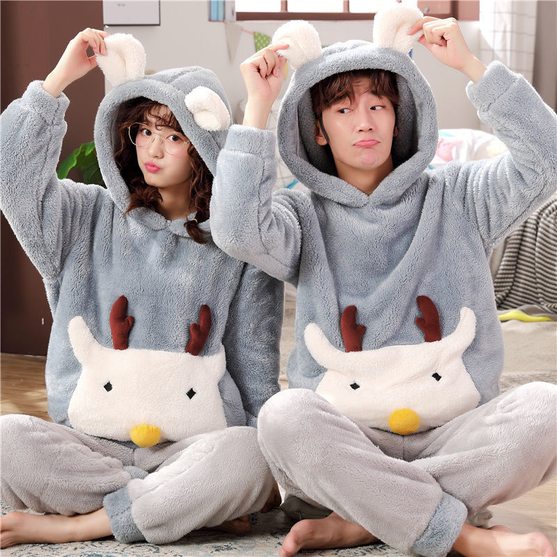 Winter couple pajamas men and women cute cartoon little yellow man hooded thickened facecloth teenage students home clothes
