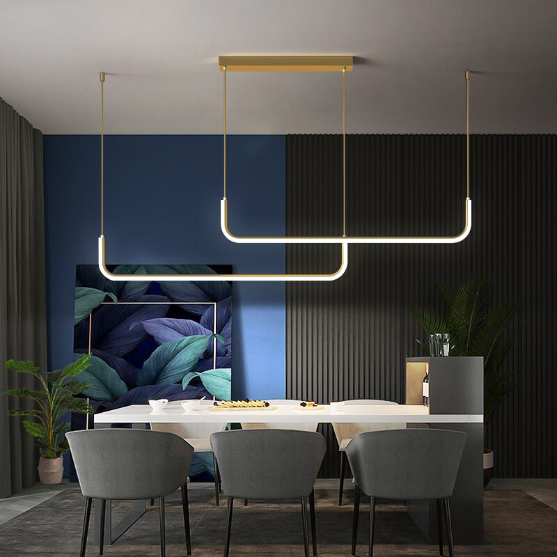 Modern Led Line Pendant Lamp for Dining Room Kitchen Island Minimalist Design Indoor Black Hanging Chandelier Lighting Fixture