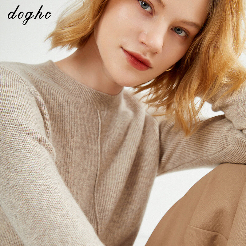 DOGHC минималистский осенне-зимний женский шерстяной вязаный пуловер с круглым вырезом однотонная Базовая рубашка дикая мягкая фотография