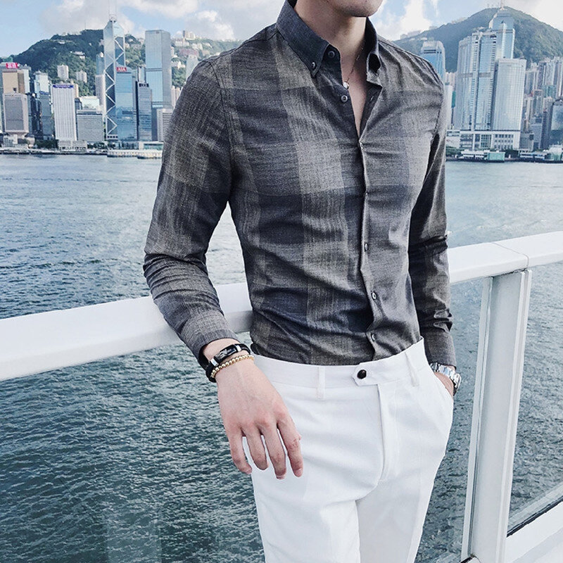 남성 긴 소매 격자 무늬 셔츠 2021 봄 가을 남성 패션 비즈니스 캐주얼 슬림 공식 셔츠 S-3XL