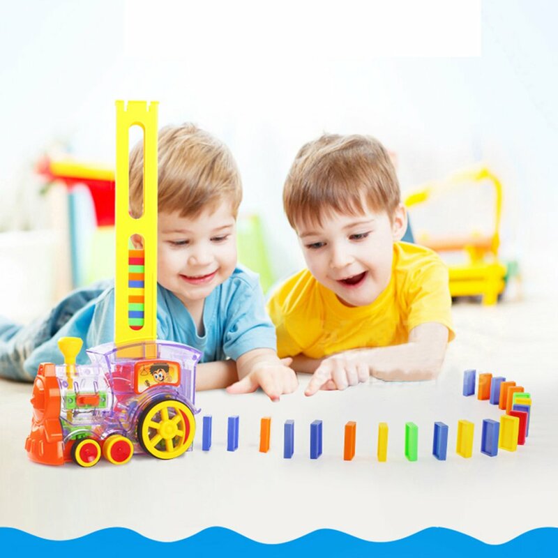 Electric Domino Train Car Vehicle Model With Sound Light Music Domino Blocks Kits Magical Automatic Set Up Colorful Games Toys