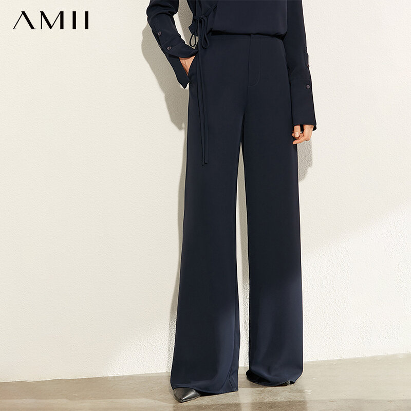 Amii minimalismo outono moda feminina sólido vneck bandagem solto blusa topos de cintura alta calça longa feminino 12030227