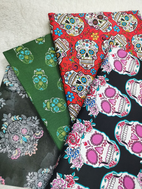 4pcs 32X25cm Pink Rose Flower Skull Colorful Cotton Fabric Dirty Effect sewing Clothing Tissue Telas Textile Patchwork Bundle